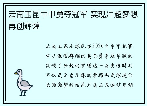 云南玉昆中甲勇夺冠军 实现冲超梦想再创辉煌 云南玉昆中甲勇夺冠军 实现冲超梦想再创辉煌