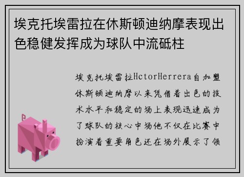 埃克托埃雷拉在休斯顿迪纳摩表现出色稳健发挥成为球队中流砥柱